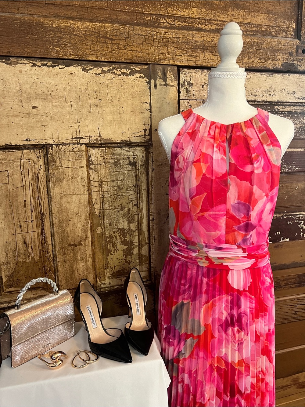 XSCAPE Pink Floral Pleated Maxi Dress Wedding Guest